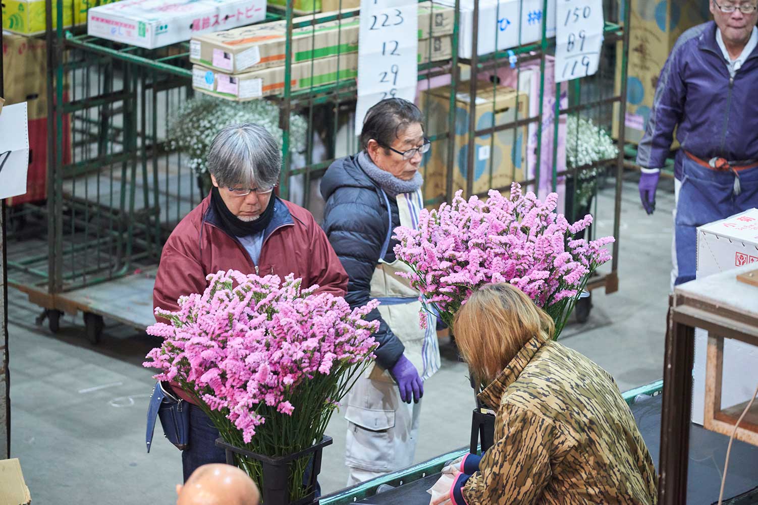 競り落とされた花は後ろのベルトコンベアに流され、スタッフがコンテナに積む。